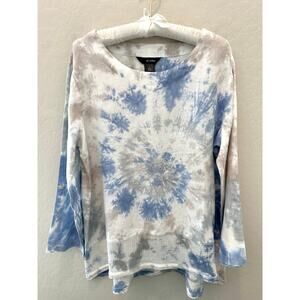 ALI MILES | Tie Dye Linen Cotton White Blue Tiered Back Mesh Hem Tunic | Large